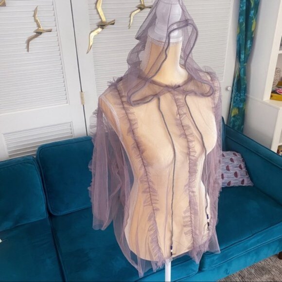 POL | Festival 3/4 Wide Sleeve Sheer Mesh Top Ruffle Hood Tassel Lavender Small - Picture 6 of 15